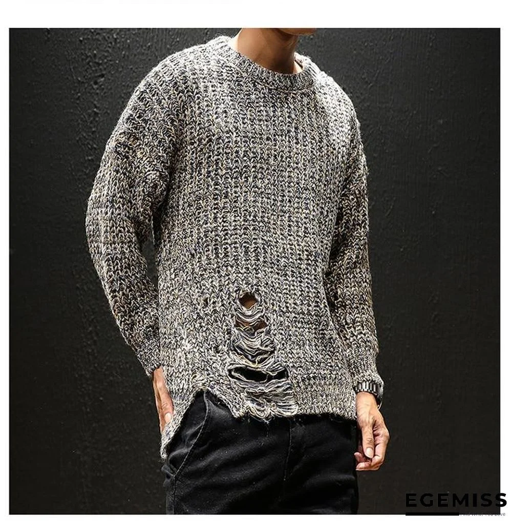 Men Ripped Hole Sweaters Pullovers Male Casual Fashion Slim Fit Large Size O Neck Knitted Sweaters Knitwear | EGEMISS