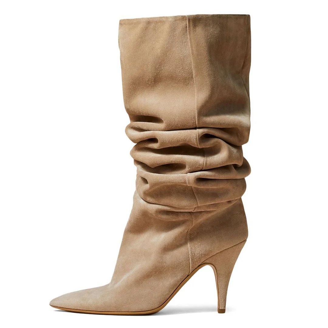 Pointed Toe Faux Suede Sophisticated Elegant Beige Silhouette Booties