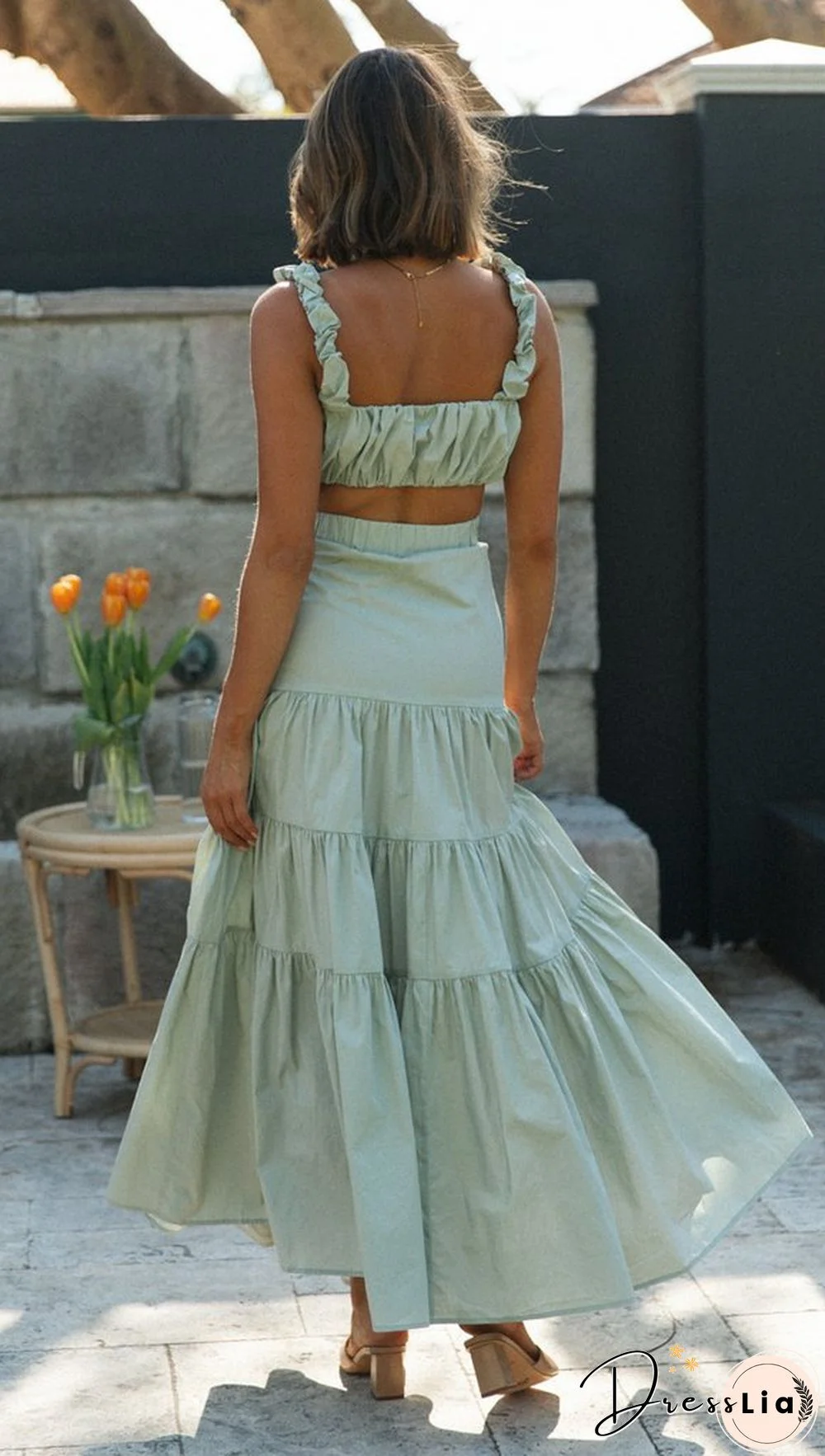 Green Ruffled Crop Top and Skirt Sets