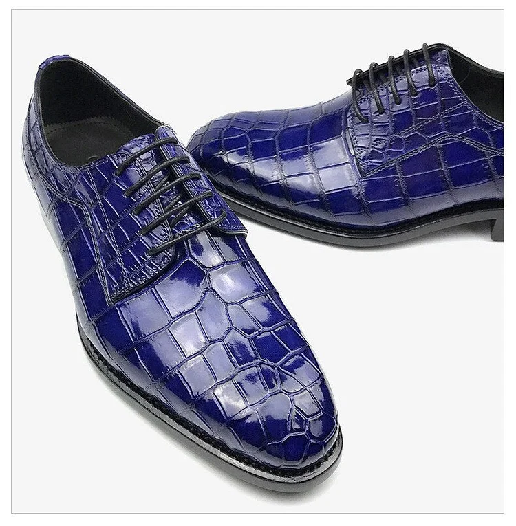 Men's Blue Crocodile Embossed Leather Oxford Shoes