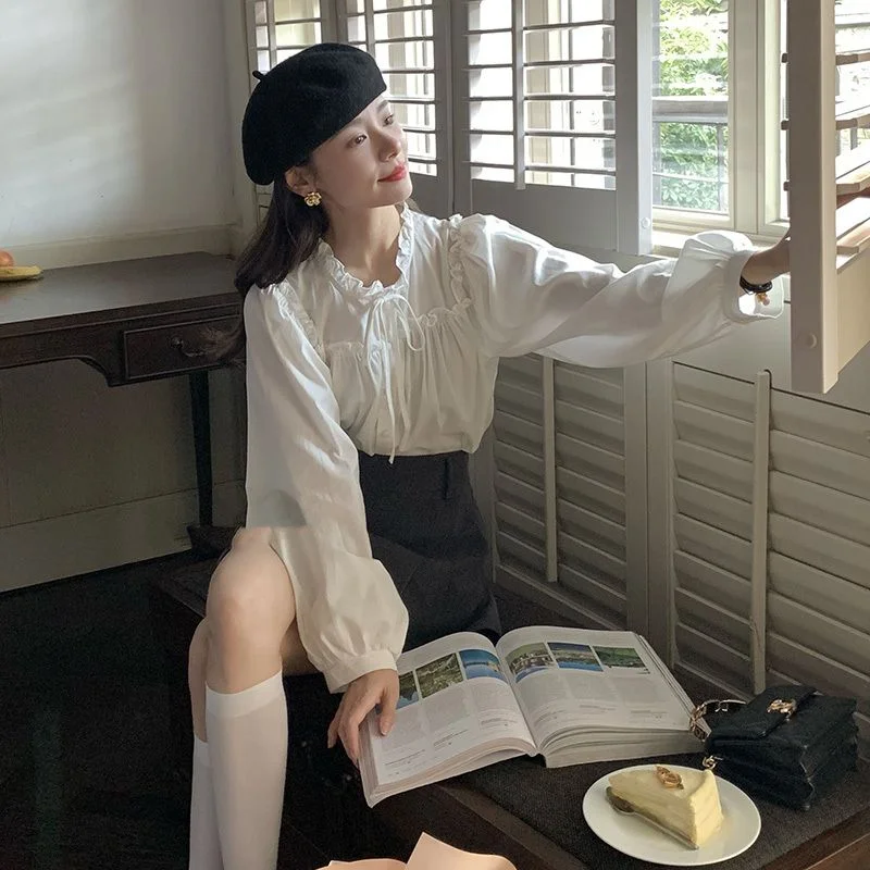 brownm Bow Shirt Women Early Autumn Unique Solid Relaxed Casual Shirt Lace-up Blue Premium Feeling Folding Loose Top