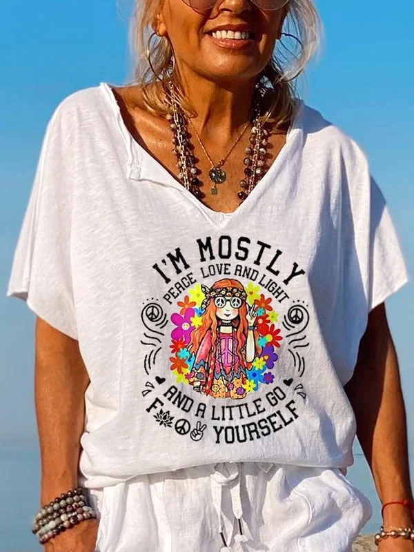 Women's Old Hippies Print V-Neck T-Shirt