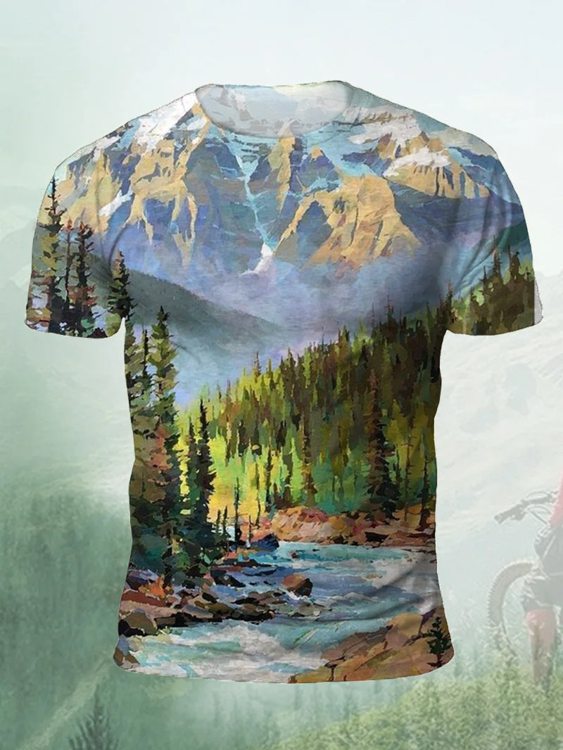 Men's Snow Mountain Forest Natural Scenery Print Short-Sleeved T-shirt