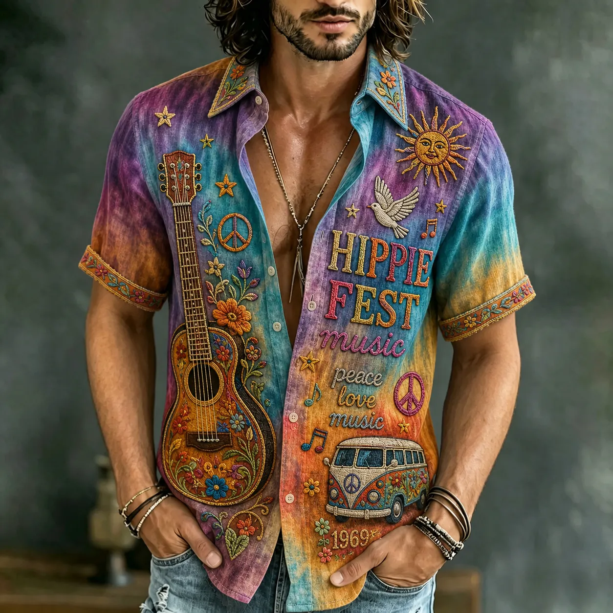 Comstylish Men's Retro Bohemian Hippie Style Floral Print Short-sleeve Shirt