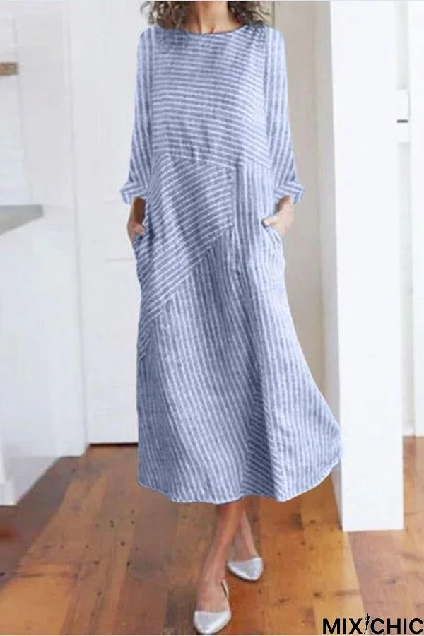 Stripe Side Pockets Long Sleeves Midi Dress