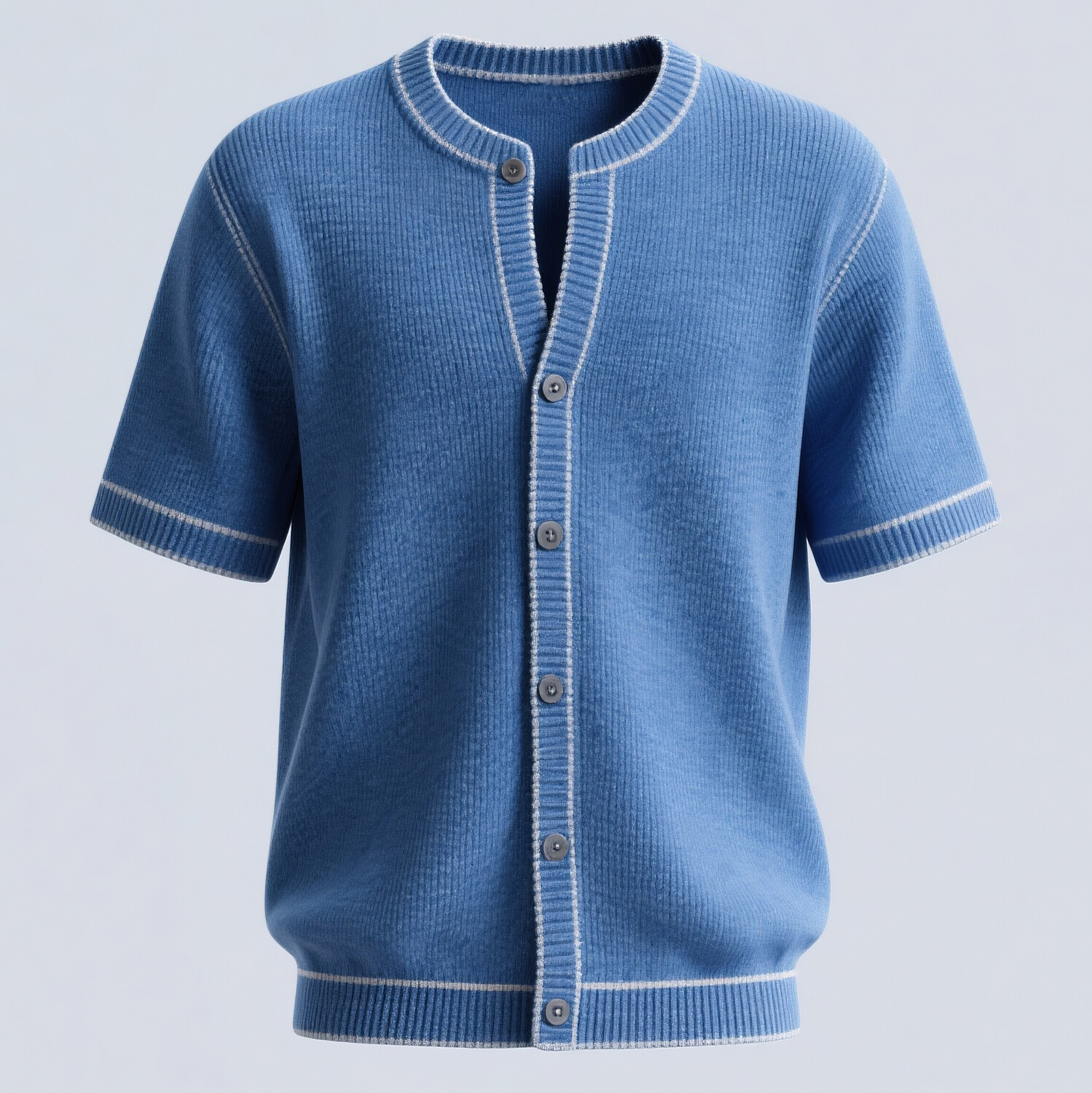 Men's Contrast Trim Crew Neck Short Sleeve Button Knit Shirt