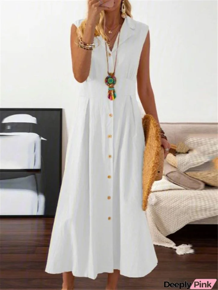 Turn-Down Collar Vintage Linen Sleeveless Long Dresses