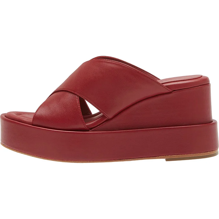 Women's Maroon Round-Toe Wedge Slide Sandals with Platform |FSJ Shoes