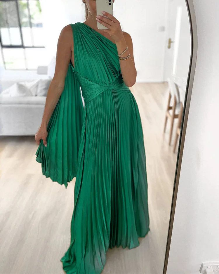 Off-Shoulder Pressed Pleated Casual Resort Dress