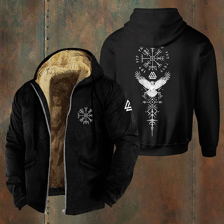 Men's Vintage Viking Runes Birds Graphics Cozy Hooded Jacket