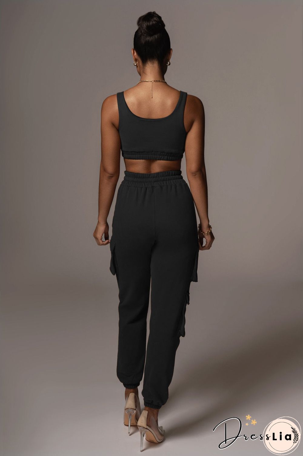 Sporty Crop Top and Pocket Detail Jogger Tracksuit Pant Set