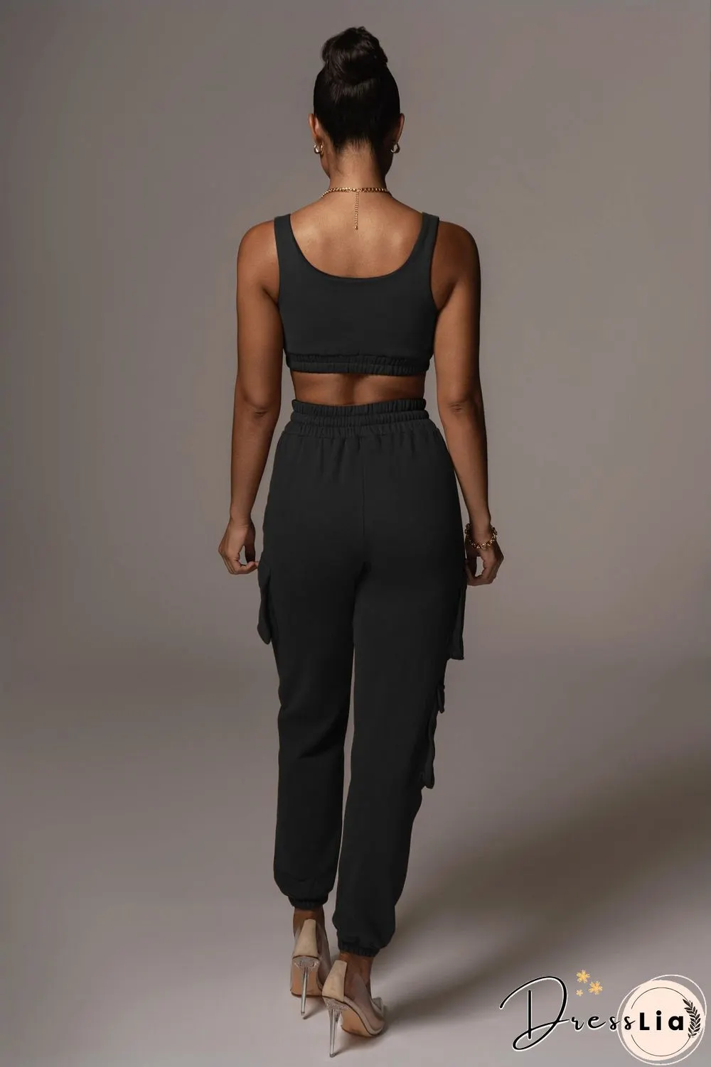 Sporty Crop Top and Pocket Detail Jogger Tracksuit Pant Set