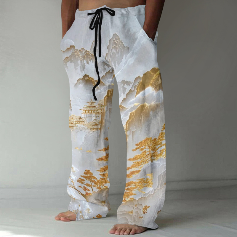 Japanese Ukiyo-e Landscape Art Print Casual Linen Blend Pants