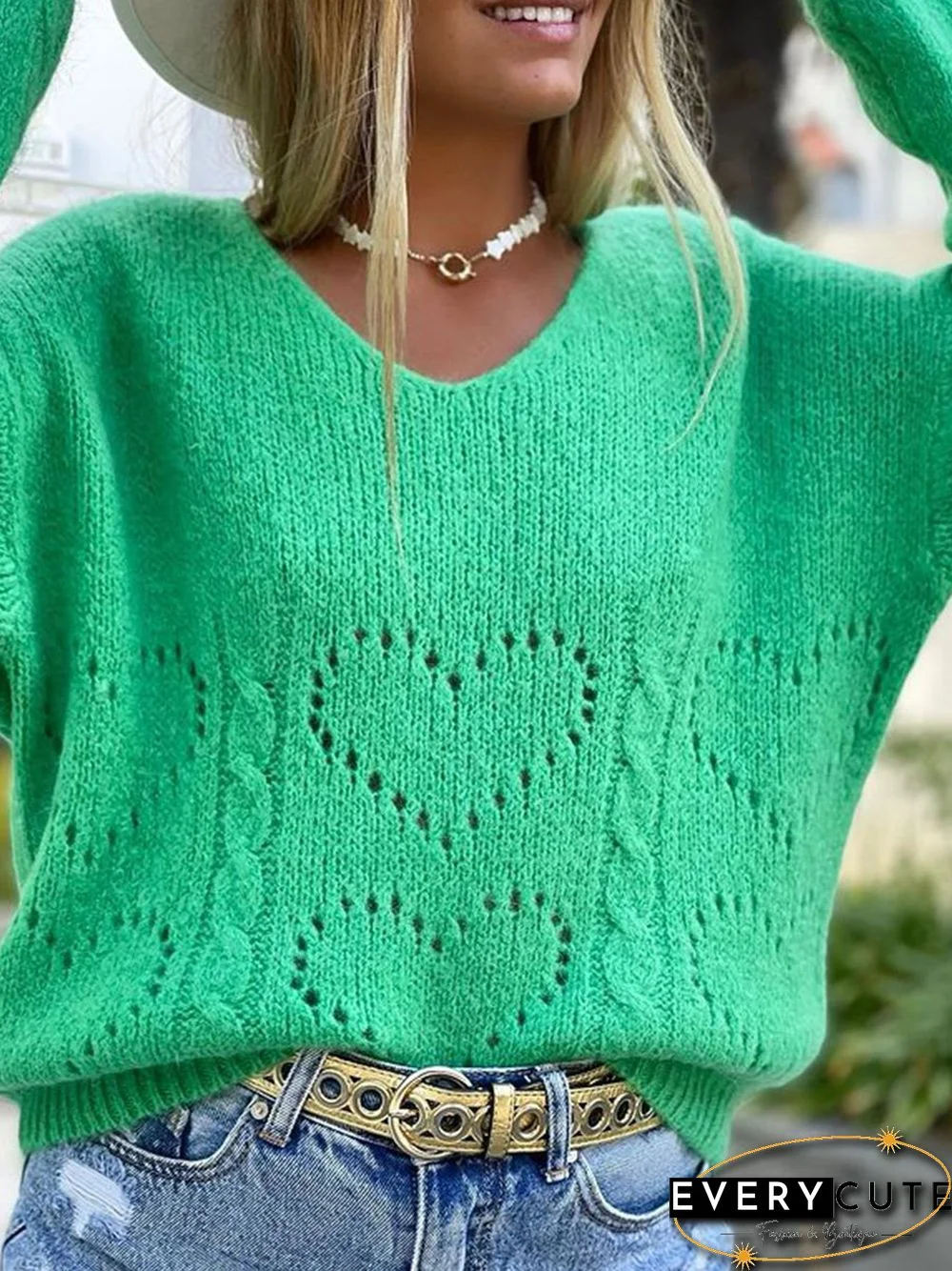 Plain Casual V neck Green Sweater