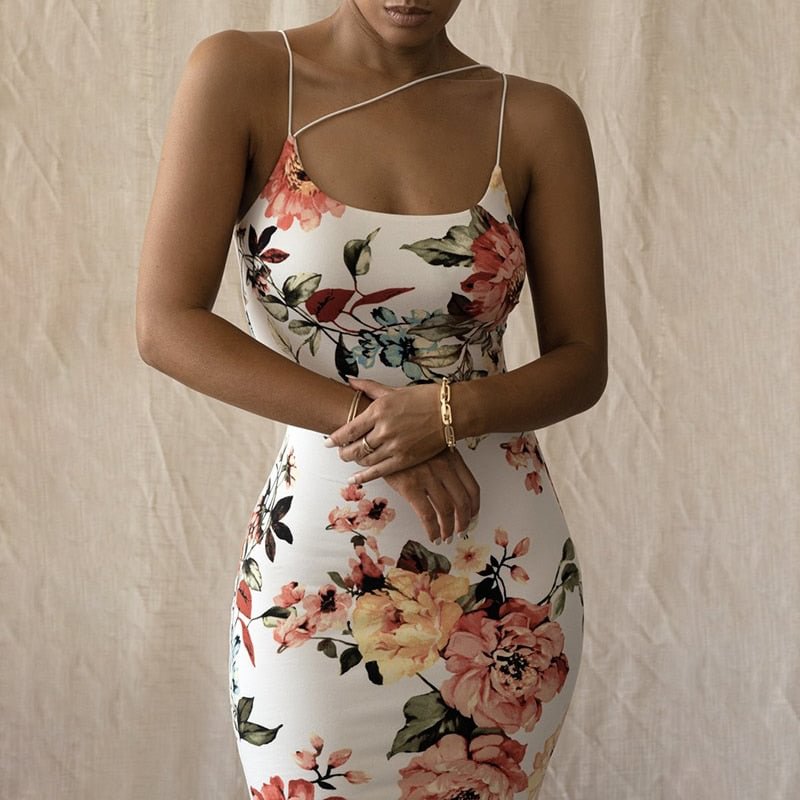 Dulzura Floral Print Women Strap Midi Dress Bodycon Sexy Streetwear Party Club Elegant Vintage 2021 Summer Clothes Fashion