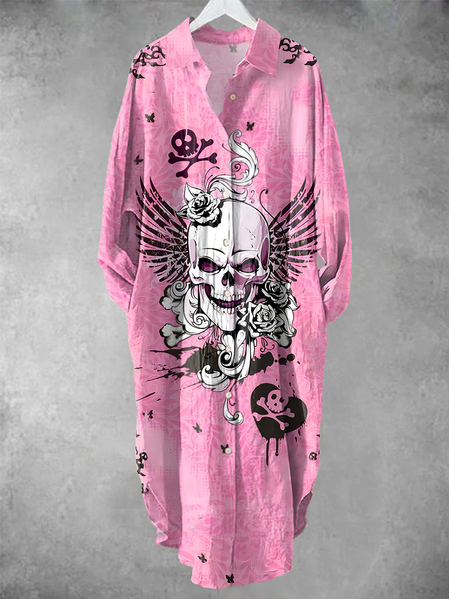 Women's Vintage V-Neck Punk Floral Art Pattern Midi Shirt Dress