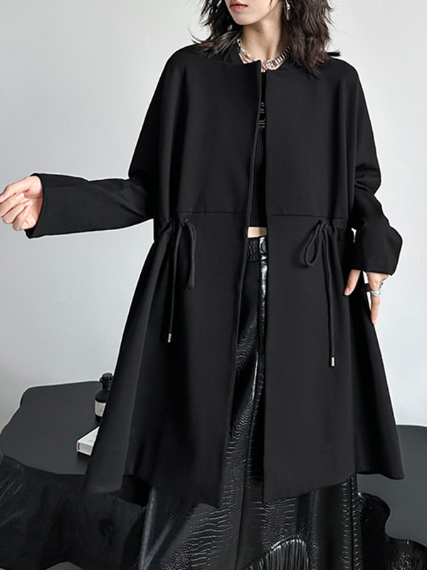Long Sleeves Loose Drawstring Solid Color Square-Neck Outerwear Trench Coats