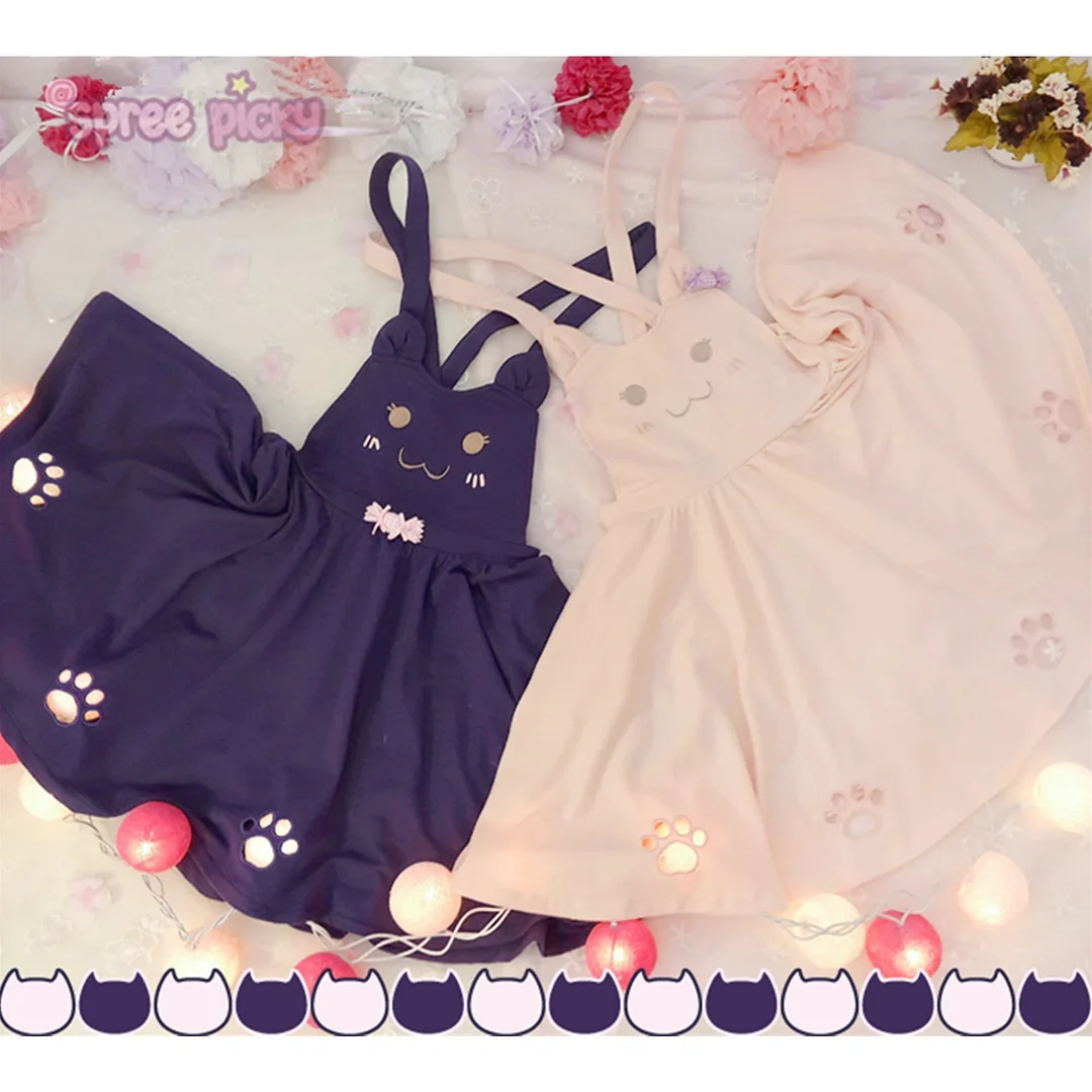 Pink/Violet Black Kawaii Candy Cat Cut Out Meow Suspender Dress SP165481