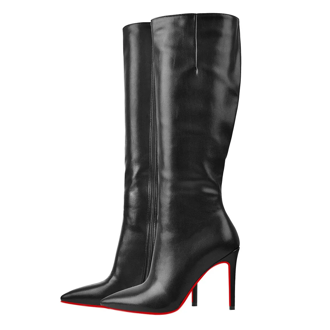 100mm/3.94 Inch Fashion Knee High Boots Platform Heel Boots Red Bottom Stilettos Booties-vocosishoes