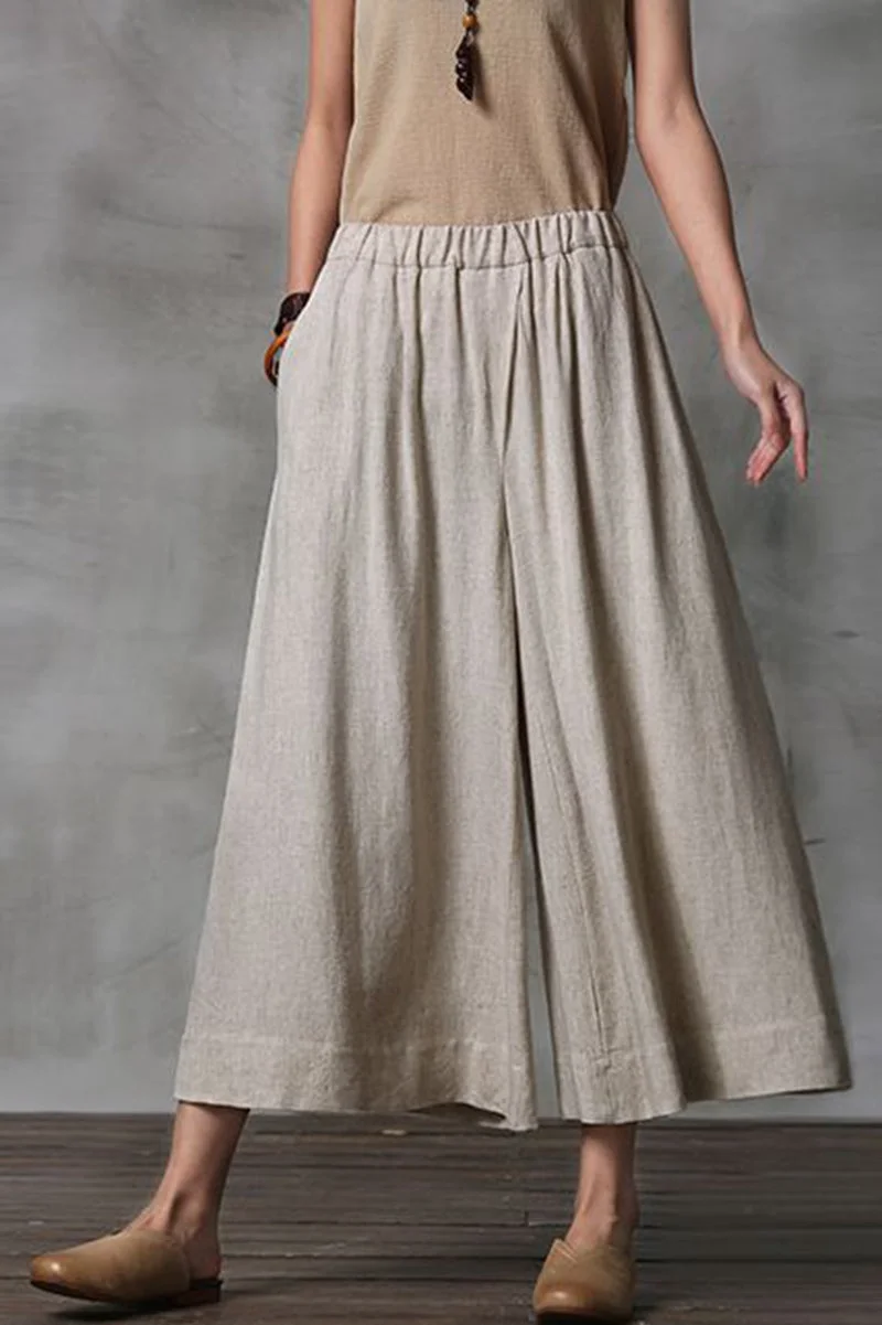 Summer Women Casual Wide Leg Dress Pants Cropped Trousers K7054