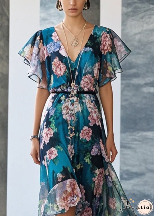 Style Peacock Blue Print Chiffon Party Dress Summer