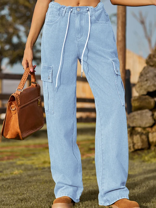 New style denim drawstring adjustable washable overalls trousers casual trousers Flusfy