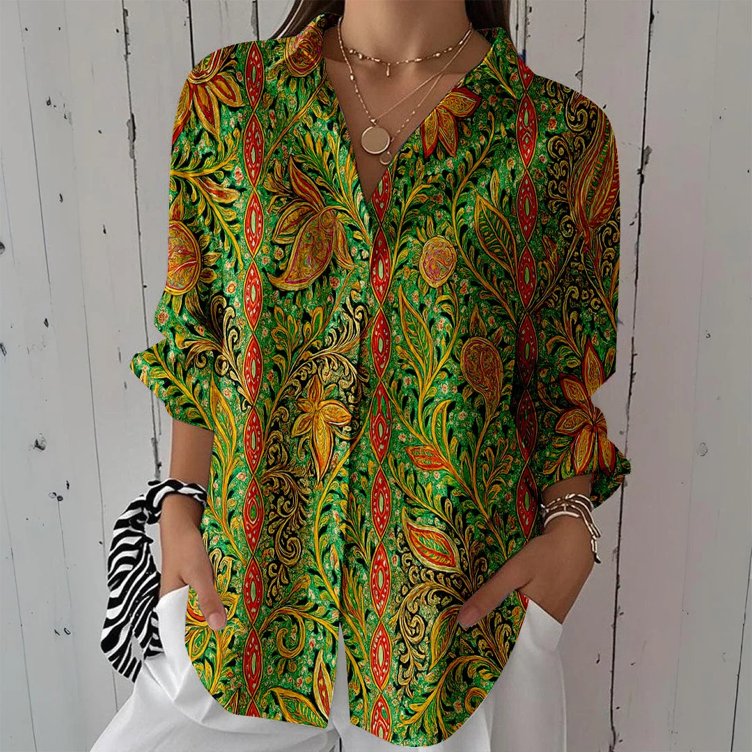 Style & Comfort for Mature Women Women Tropical, Green, Orange DZCL0093 3/4 Sleeve Shirt Collar Printed Button Tops