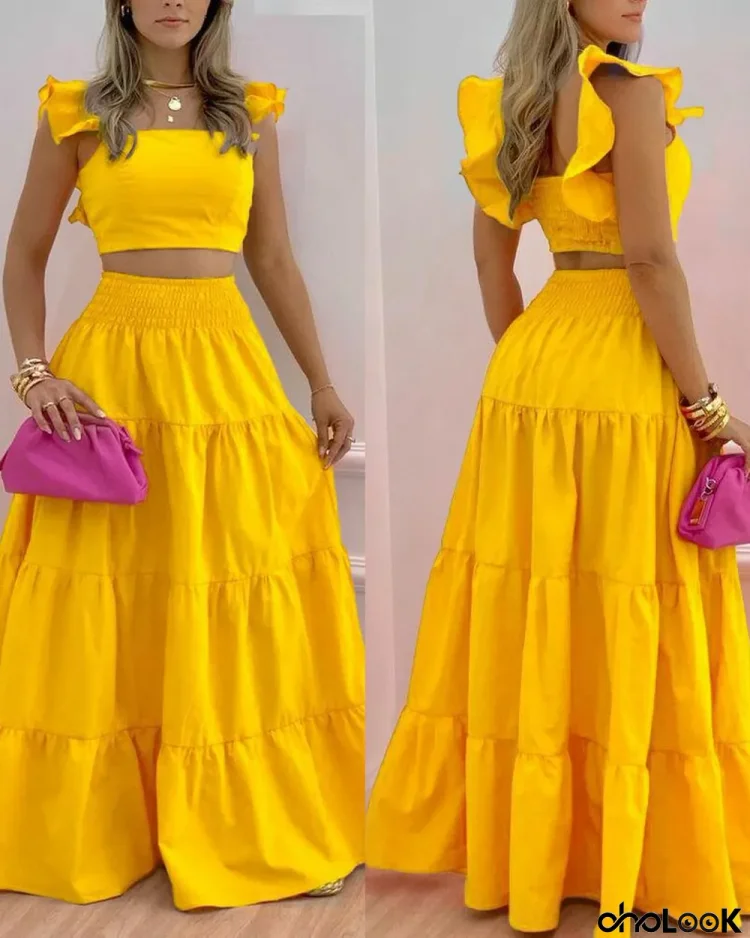 Spring/Summer Solid Color Skirt Mid Waist Swing Skirt Trend Chic Career Two Piece Dress Suit