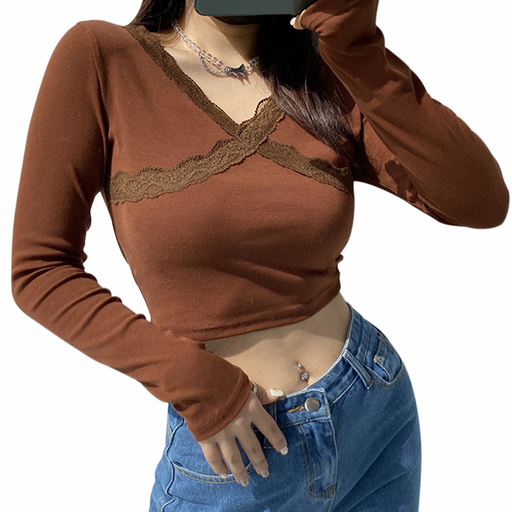 

Lace T-shirt Ladies Casual V-neck Solid Color Long Sleeve Crop Tops, Brown, 501 Original