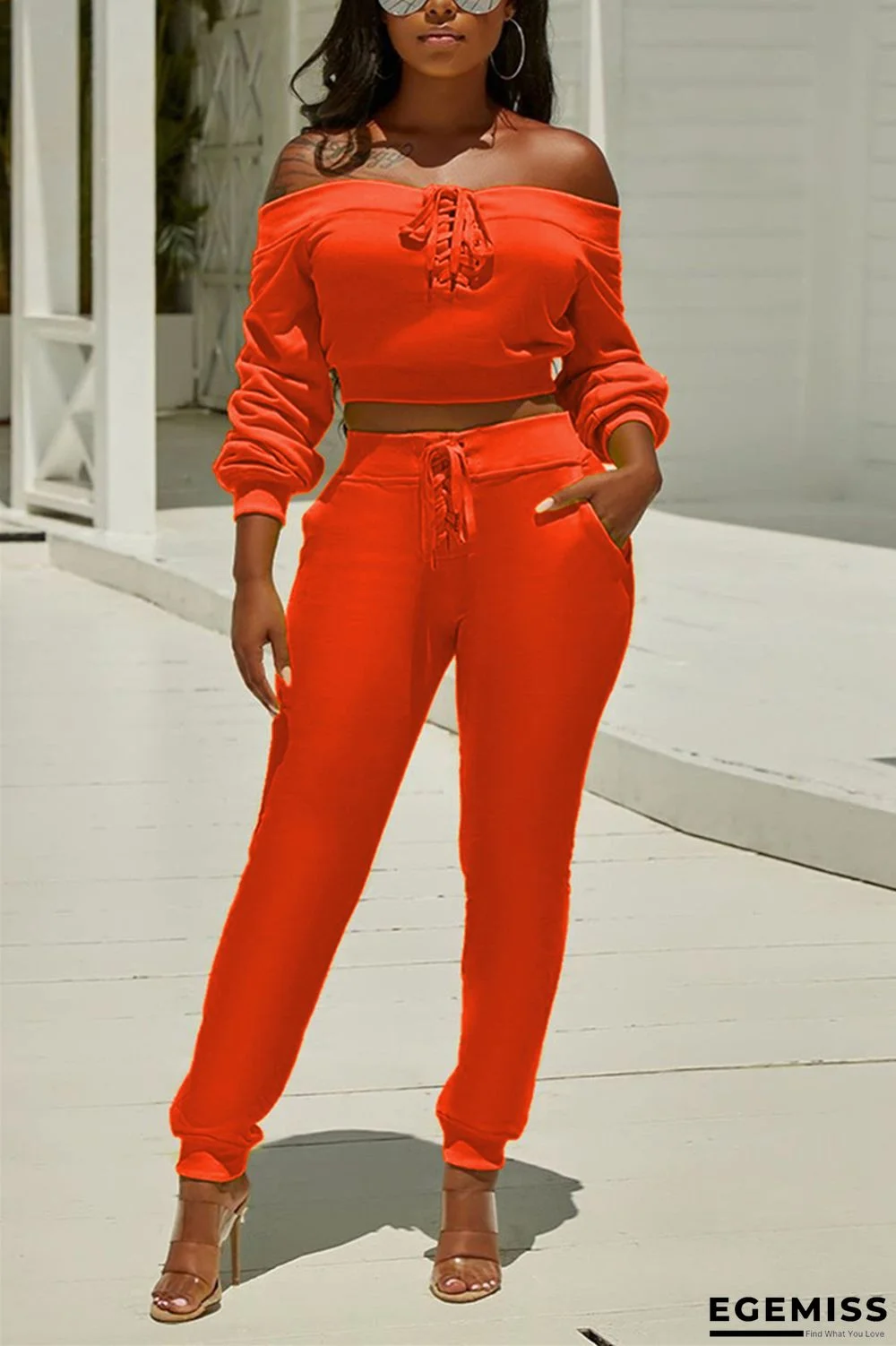 Orange Casual Solid pencil Long Sleeve Two-piece Pants Set | EGEMISS