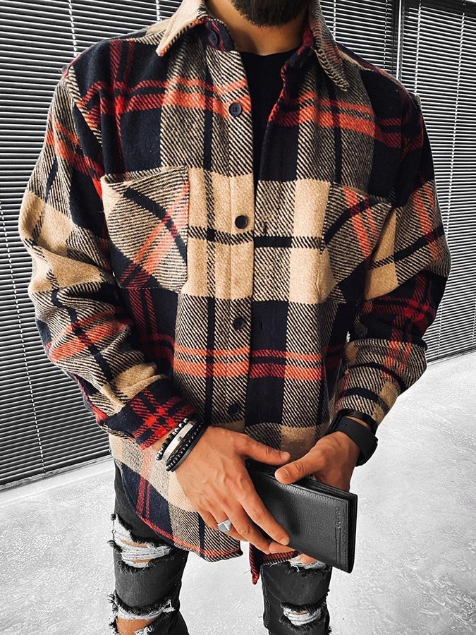 Men Fashion Check Casual Long Sleeve Jacket