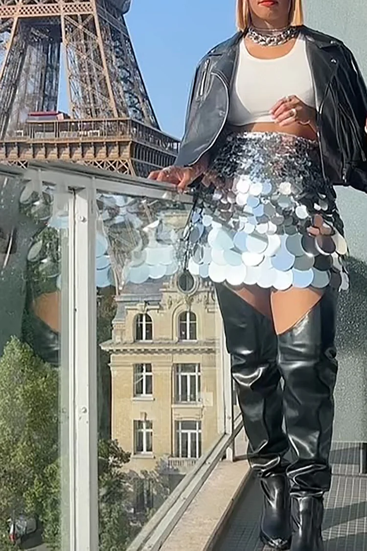 Plus Size Party Skirt Silver High Waist Asymmetrical Sequin Skirt 