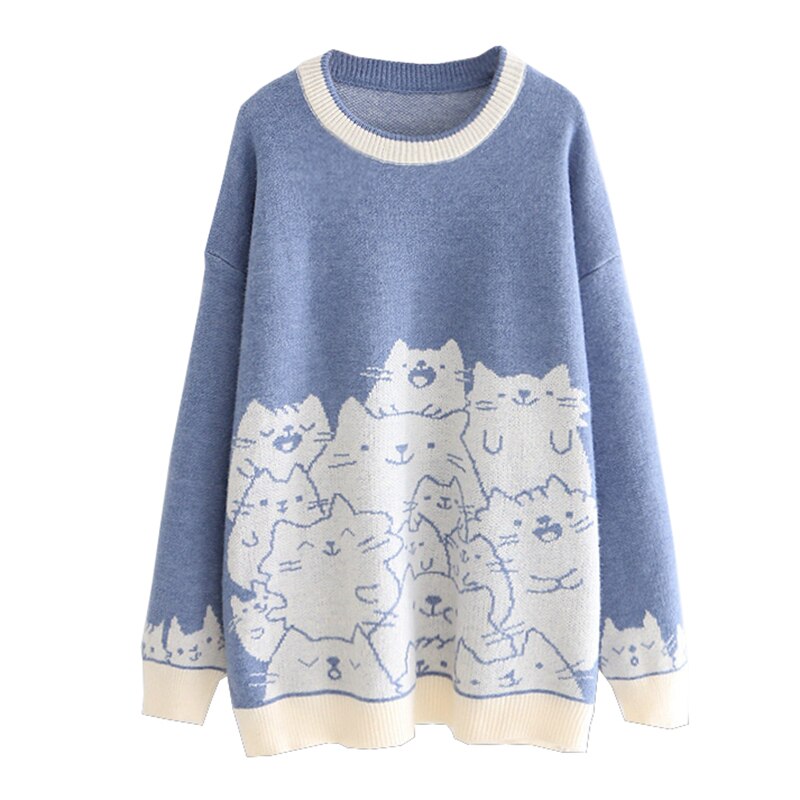 Cartoon Cat Embroidery Knit Jumper Sweater O-Neck Long Sleeve pullovers