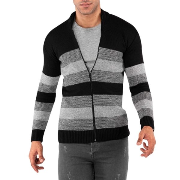 Men's Zip Open Striped Contrast Knit Cardigan Sweater