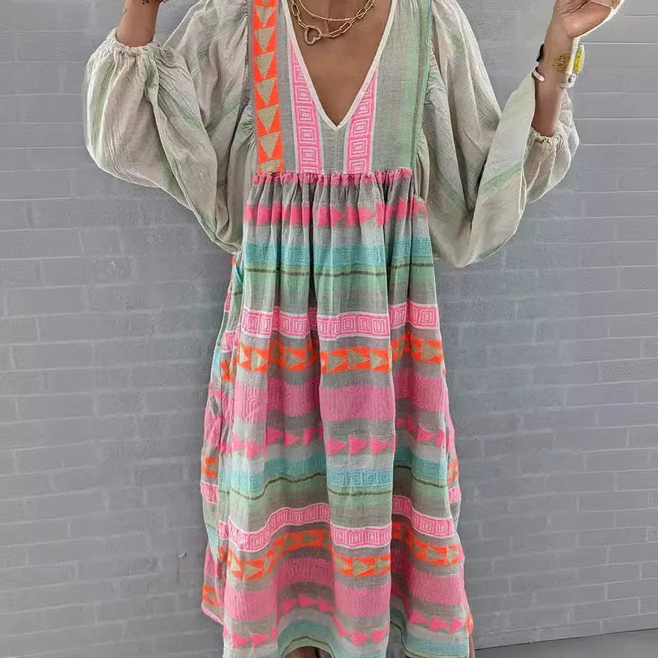 Brownm Brownm Women's New Fashion Sleeve Deep V-Neck Loose Large Size Bubble Sleeve Color Folds Casual Dress Women