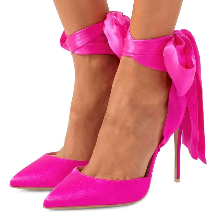 Fuchsia Satin Ankle Strap Tie Stiletto Heels Pumps |FSJ Shoes