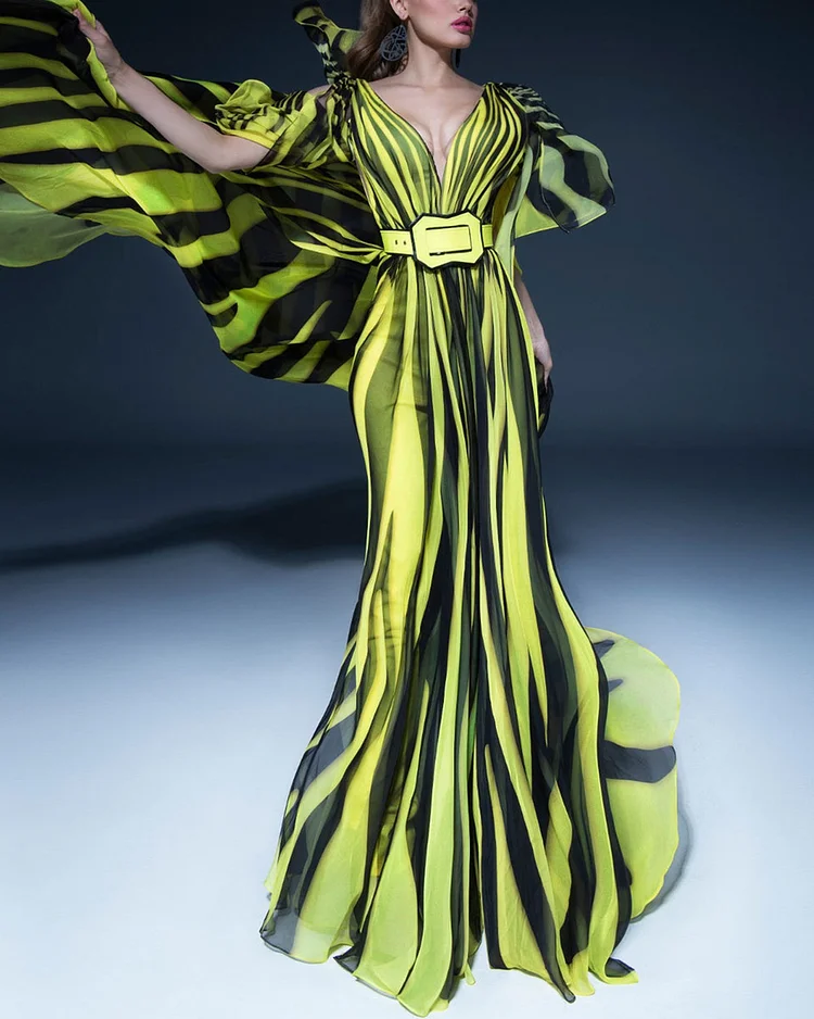 Elegant V-neck striped chiffon dress