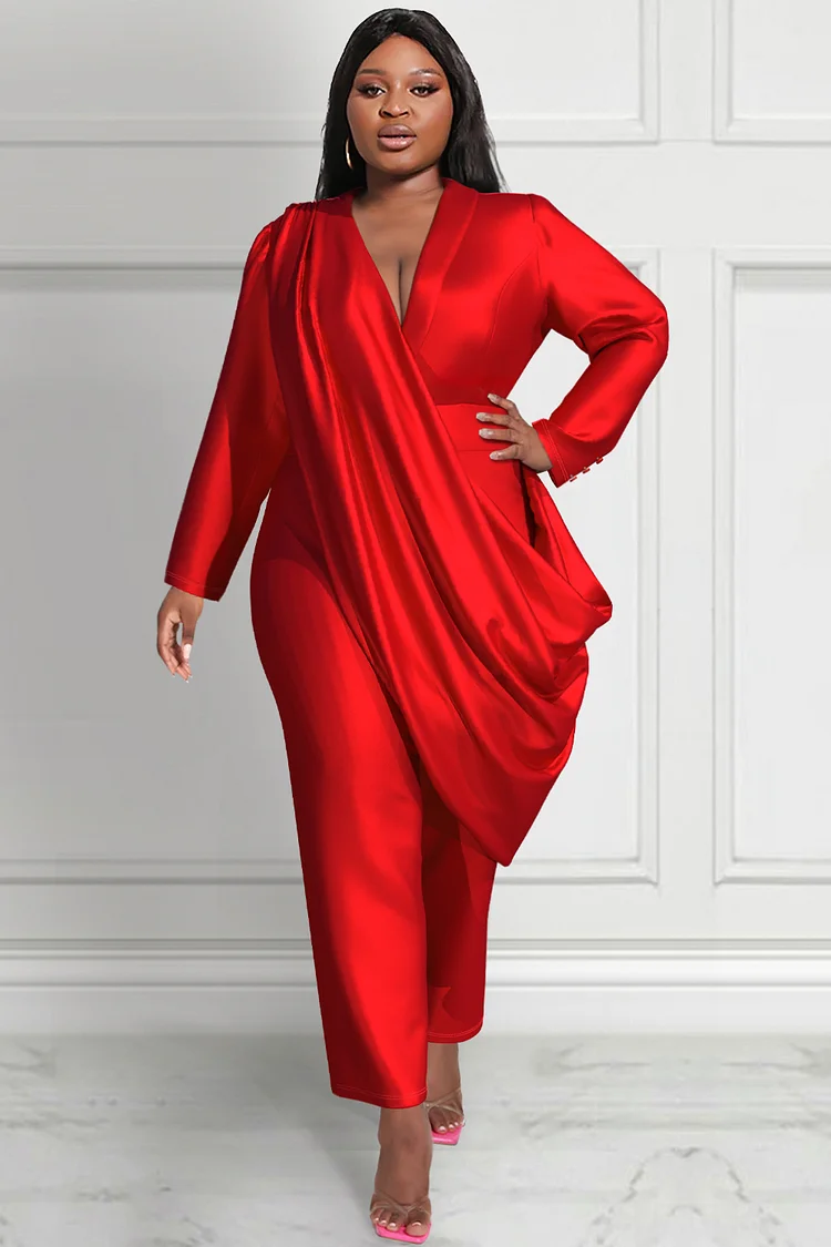 Xpluswear Design Plus Size Mother Of The Bride Jumpsuits Elegant Red Fall Winter Turndown Collar Long Sleeve Fold Satin Jumpsuits [Pre-Order]