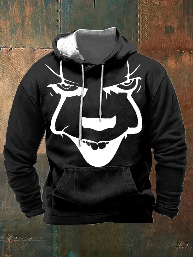 Men's Halloween Scary Smiley Print Hooded Drawstring Pocket Sweatshirt