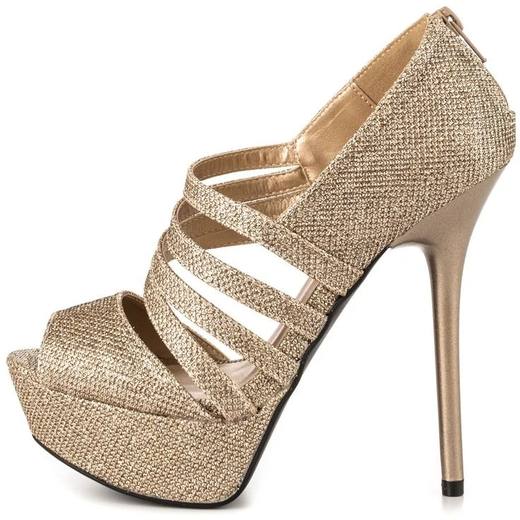 Champagne Wedding Sandals Stiletto Heels Glitter Platform Sandals |FSJ Shoes