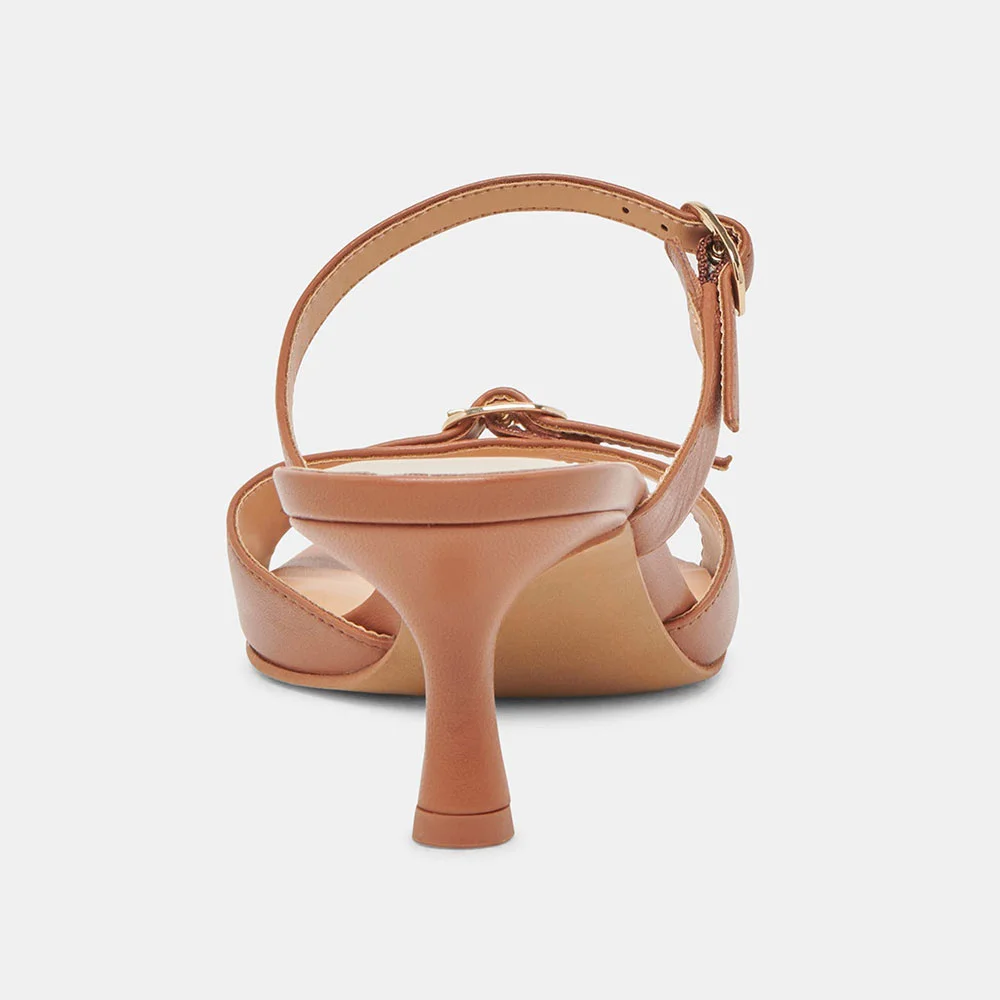 Brown Vegan Leather Buckle Kitten Heel Open-Toe Slide Shoes for Women