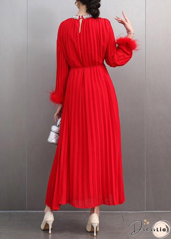 Italian Red O-Neck Wrinkled Patchwork Zircon Maxi Dresses Spring
