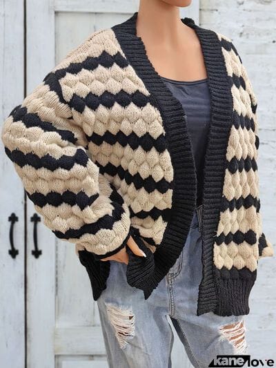 Striped Contrast Open Front Long Sleeve Cardigan
