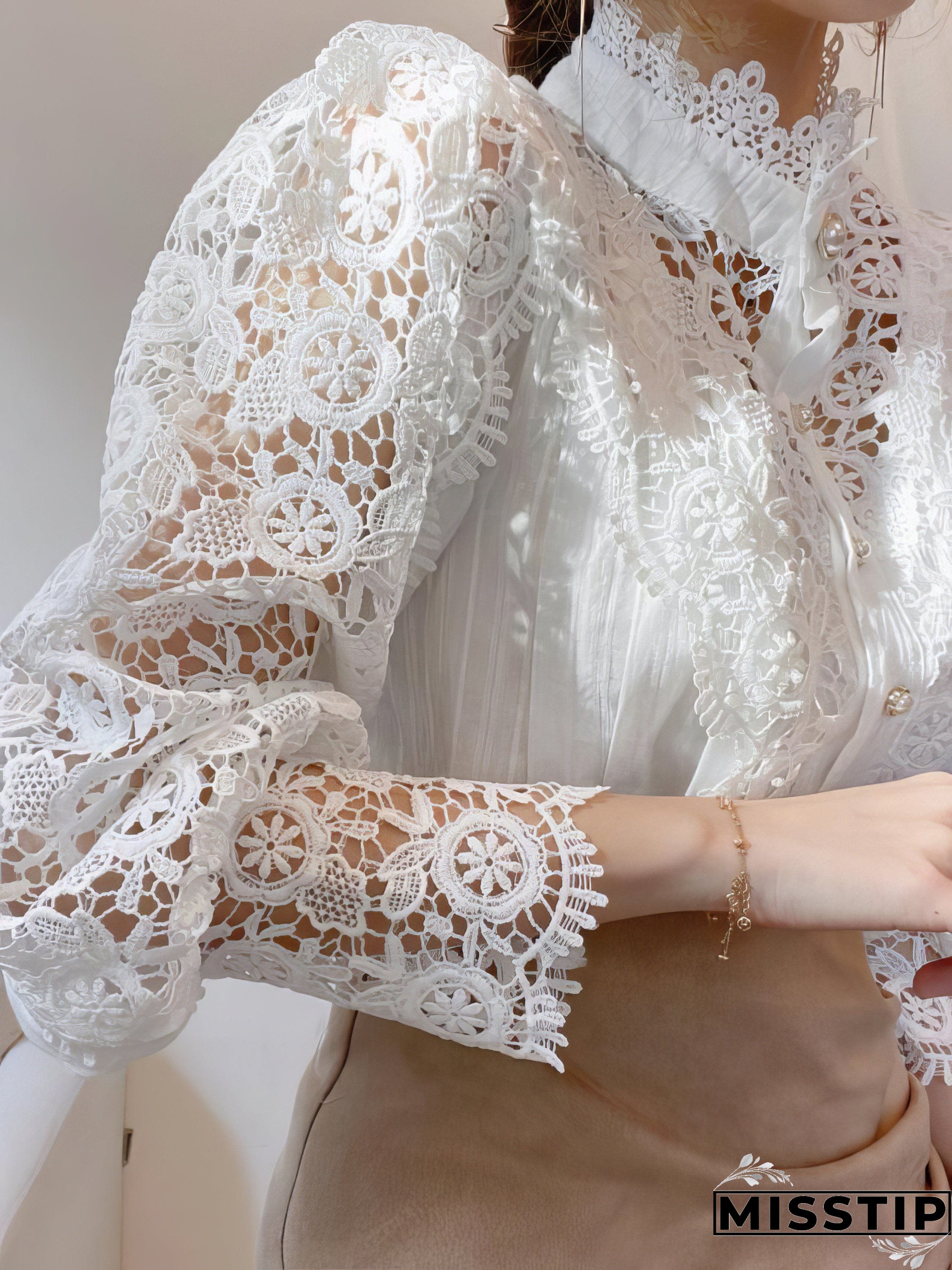 White Lace Blouse with Stand Collar and Pearl Buttons