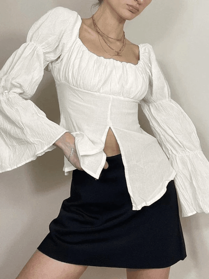 French White Square Collar Ruched Split Hem Long Sleeve Blouse