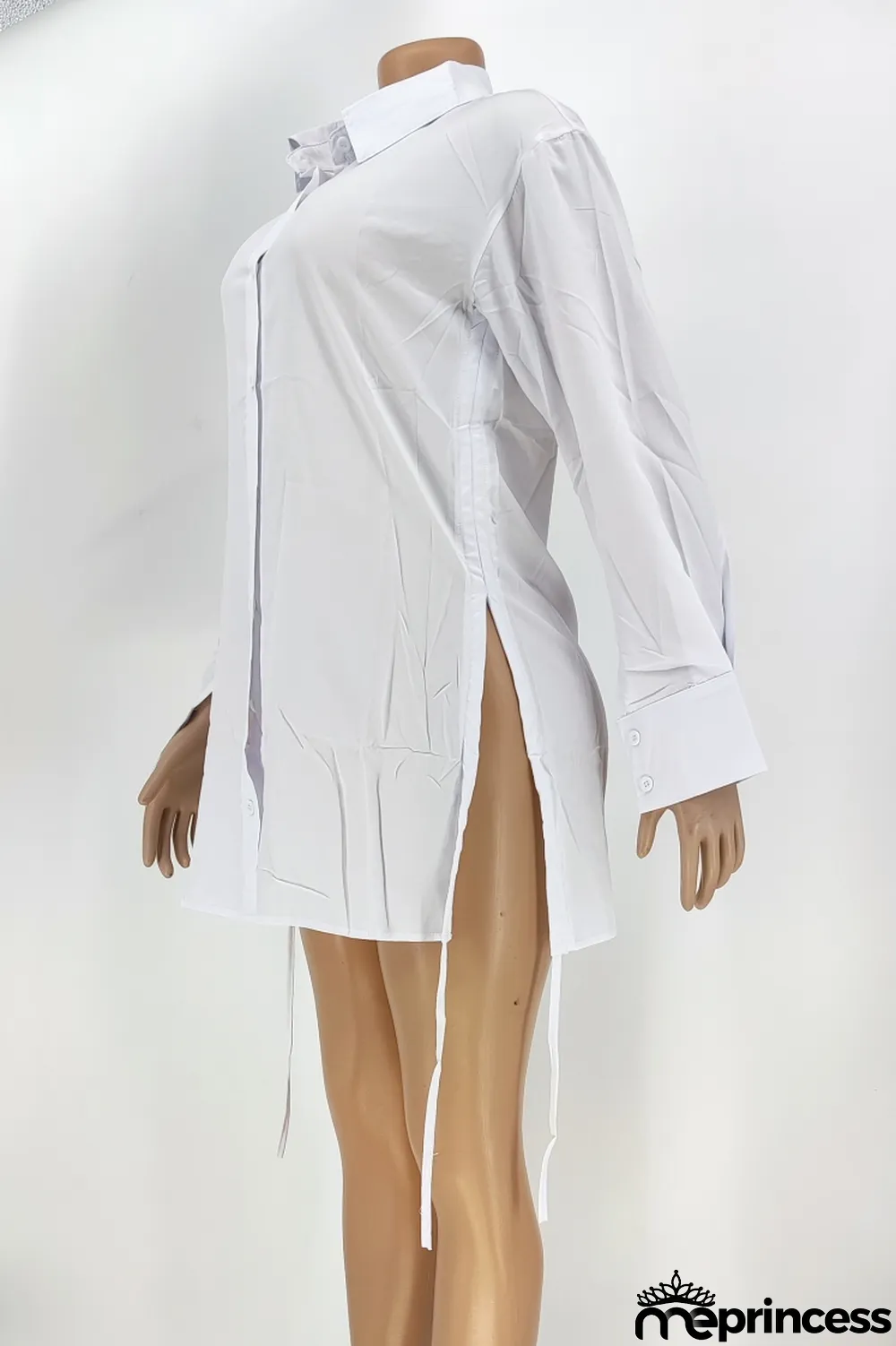 Autumn Casual White Lace Up Long Sleeve Long Shirt
