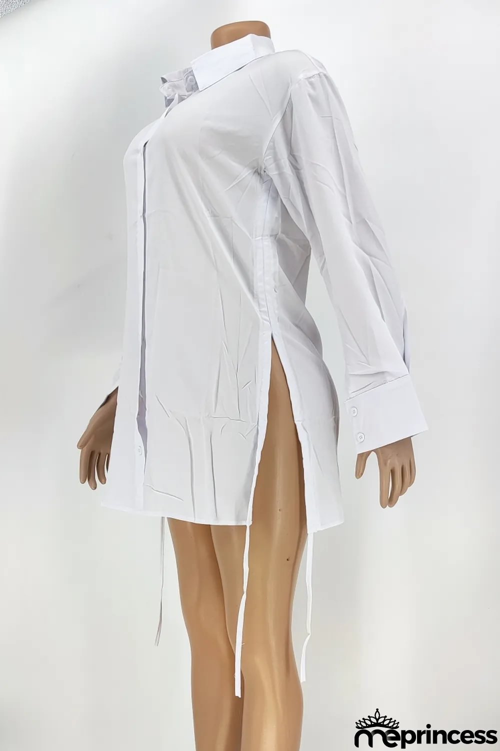 Autumn Casual White Lace Up Long Sleeve Long Shirt