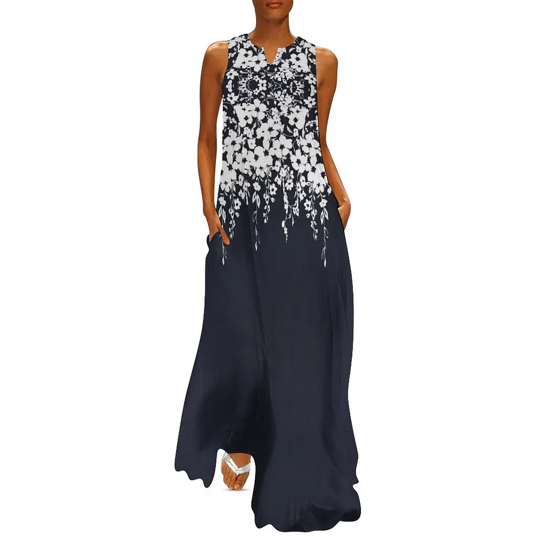 Style & Comfort for Mature Women Plus Size Printed Sleeveless Casual Women Maxi Dress with Pockets in Pattern Black, Floral, White