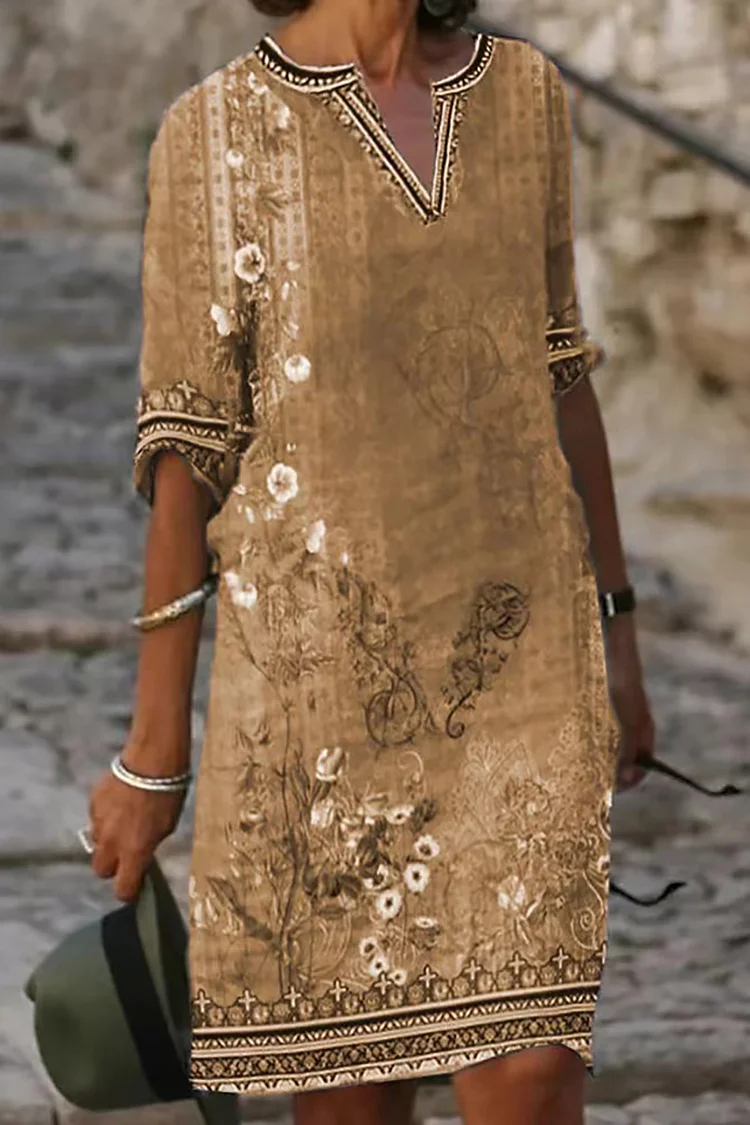 Linen Floral printed linen V Neck Tribal embroidered linen Half Sleeve Casual Midi Dress