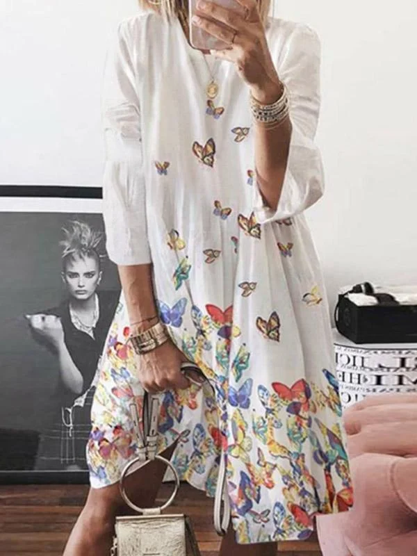 Women's Butterfly Printed Round Neck Dress